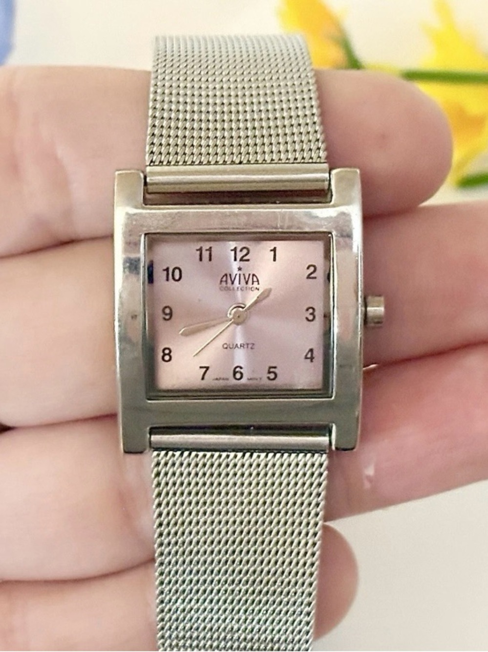 Aviva Pink Square Women's Wristwatch Silver Mesh Strap Vintage Chic Modern Watch